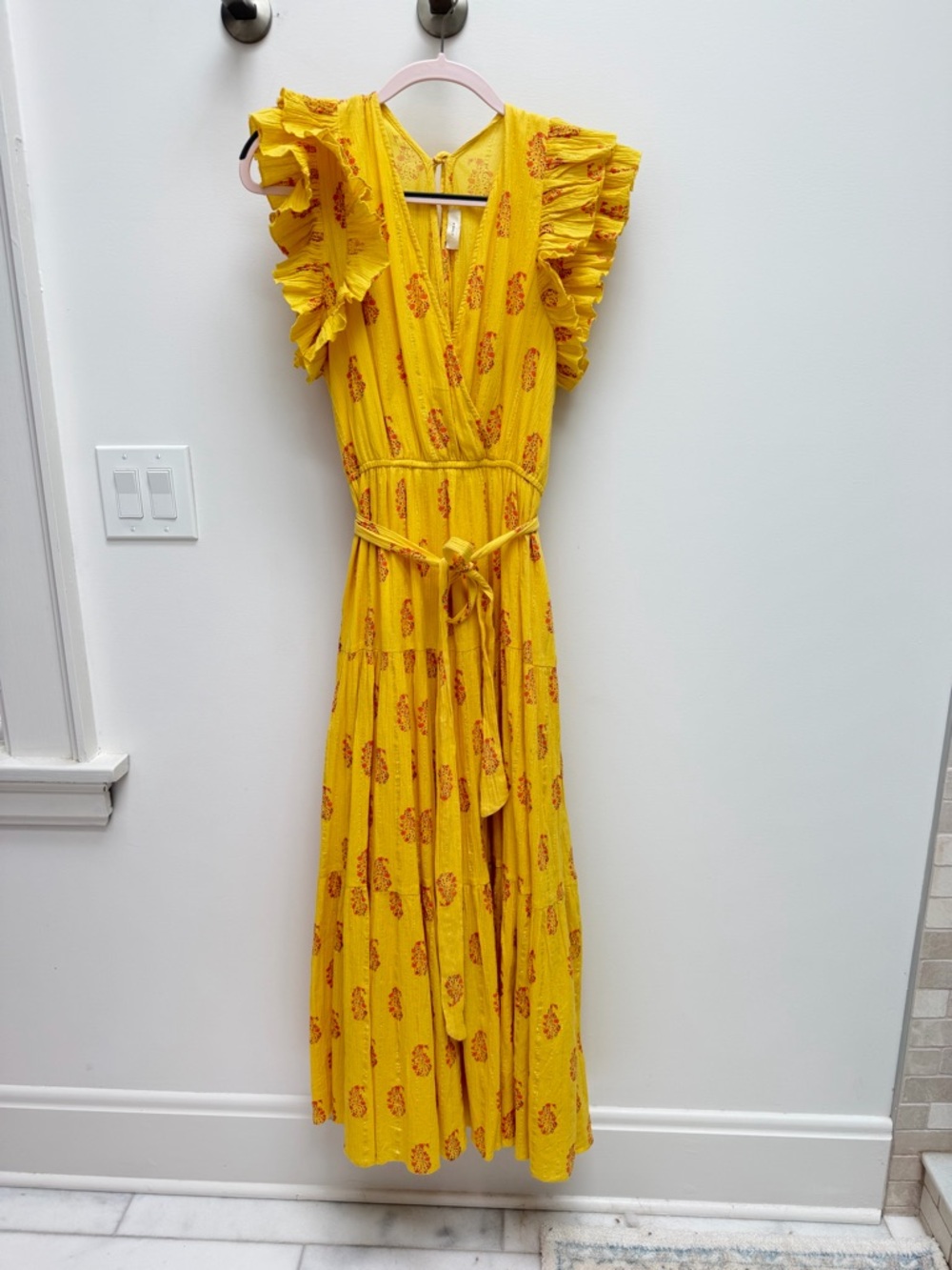 Sunny Yellow Floral Ruffle Maxi Dress with Tie Waist